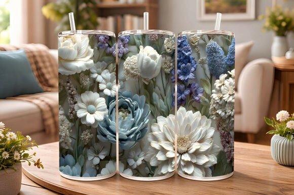 Elevating Drinkware Design with the 3D Floral Blue Cream Tumbler Wrap
