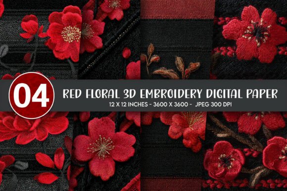 Red Floral 3D Embroidery Digital Paper for Creative Projects